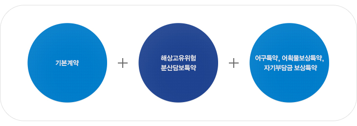 기본계약 + 해양고유위험 분신담보특약 + 어구특약, 어획물보상특약, 자기부담금 보상특약의 소형어선전손사고보험 보험계약 구성 이미지